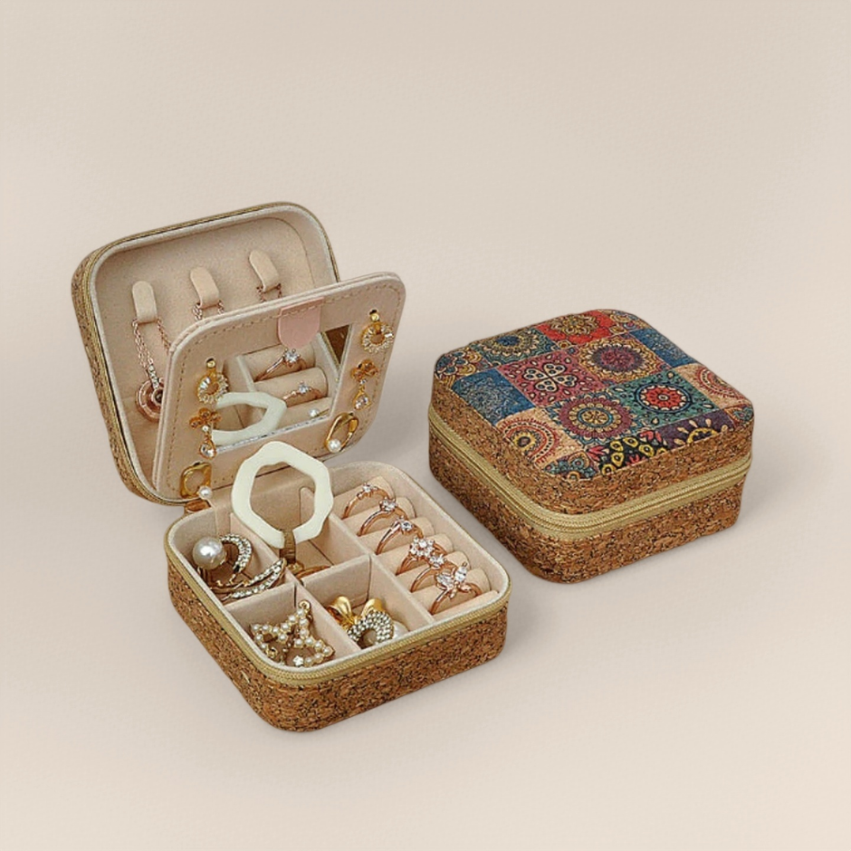 Cork Travel Jewelry Box with Mirror – Patchwork Design
