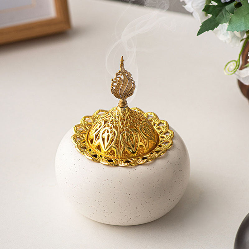 Moroccan Ceramic Incense Burner – Ivory White & Gold