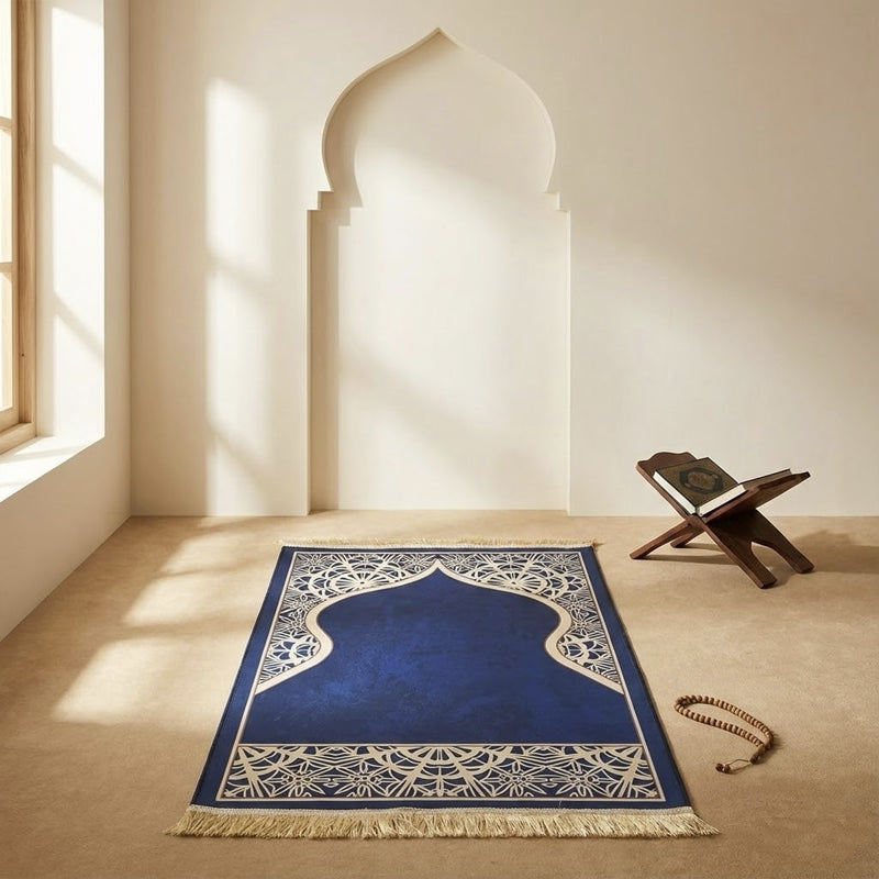 Crystal Velvet Mihrab Prayer Mat –  Navy Blue