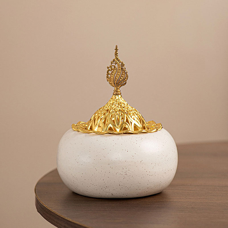 Moroccan Ceramic Incense Burner – Ivory White & Gold