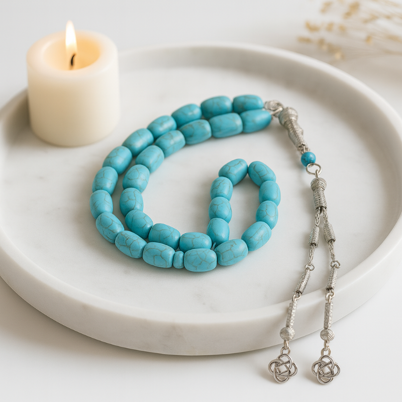 Blue Turquoise Tasbih — 33 Beads, Silver Tassel