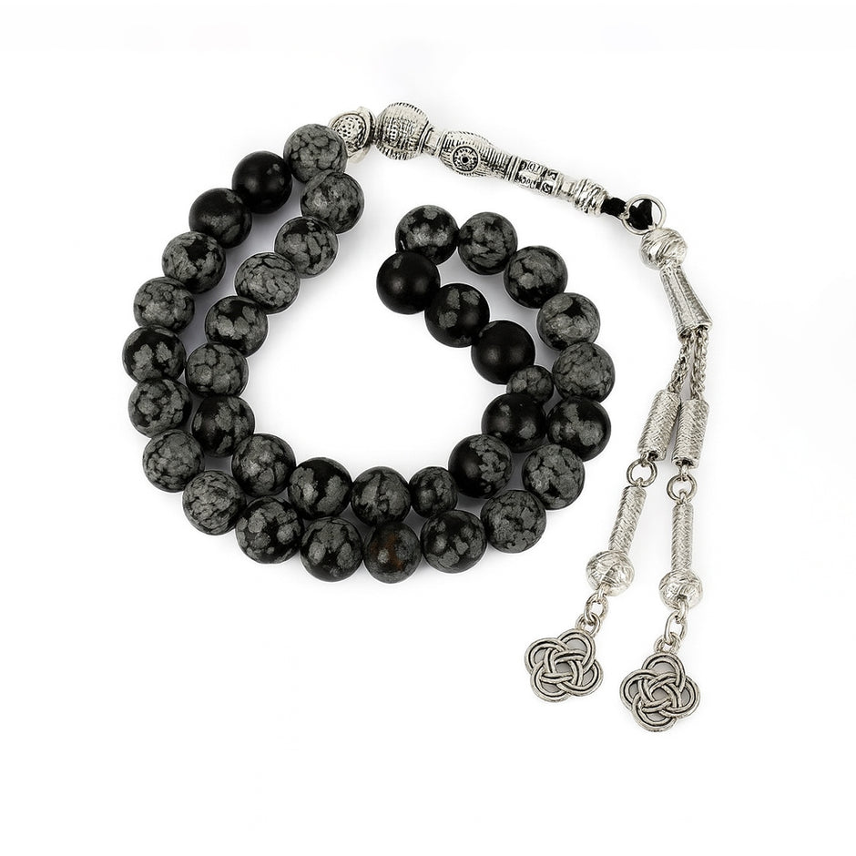 Snowflake Obsidian Tasbih — 33 Beads, Silver Tassel