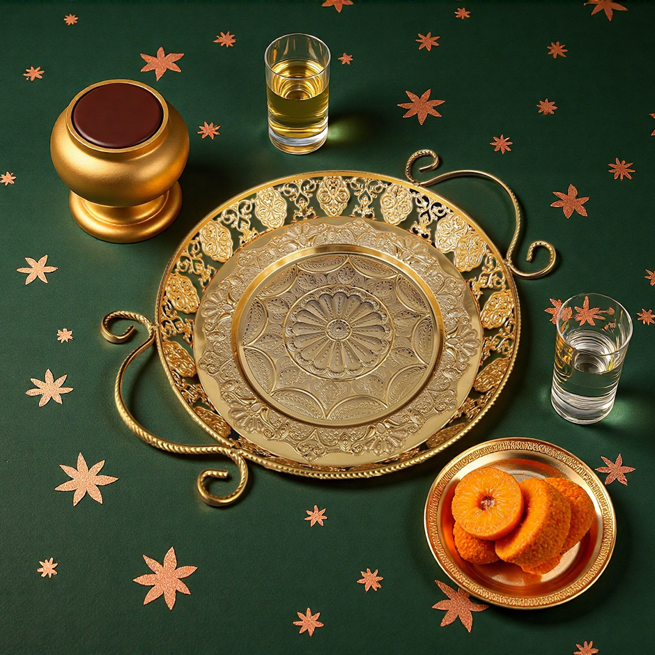 Gold Arabic Filigree Double-Handle Metal Serving Tray