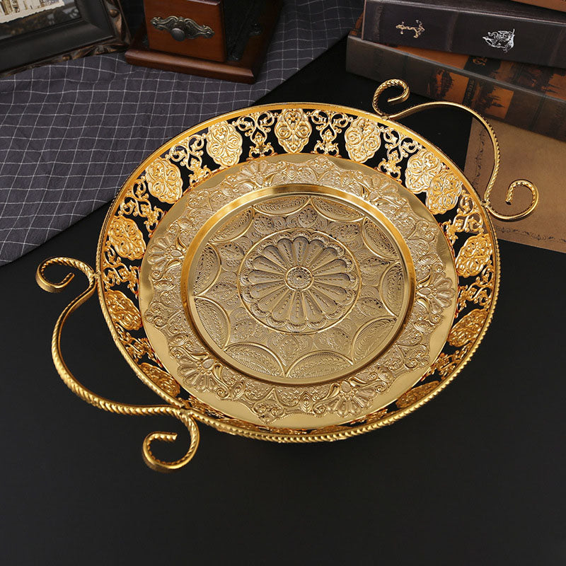 Gold Arabic Filigree Double-Handle Metal Serving Tray