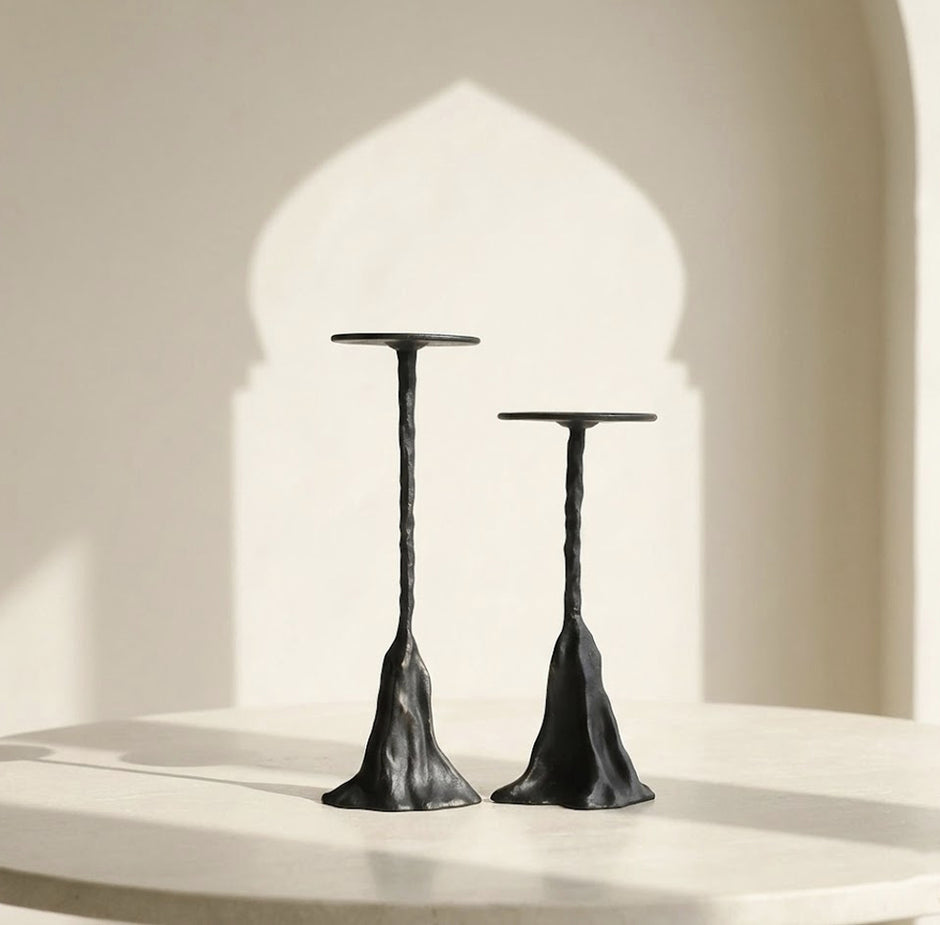 Modern Sculpted Alloy Candle Holder – Black