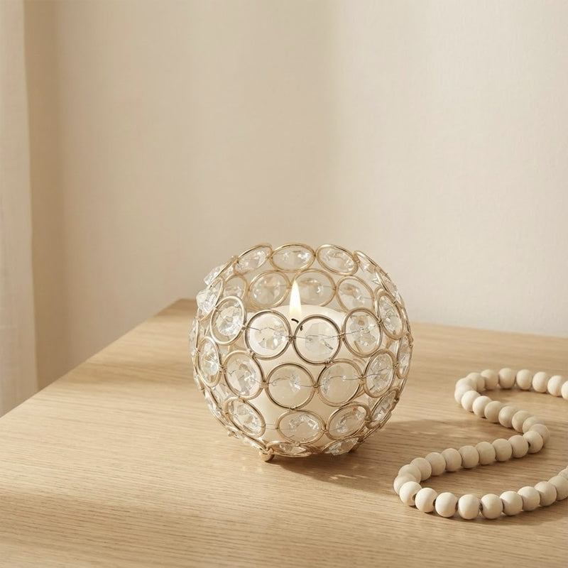 Gold Round Crystal Sphere Candle Holder