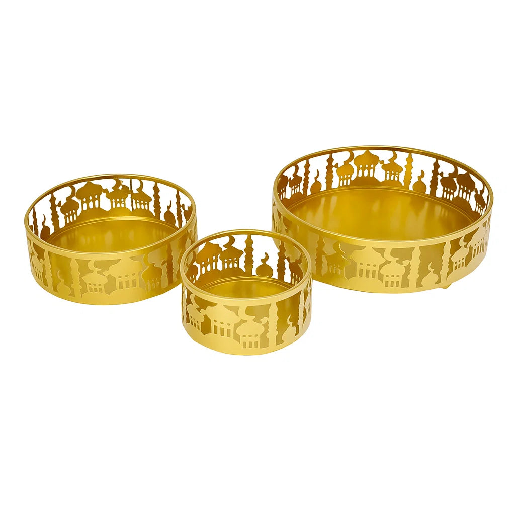 Set of 3 Gold Metal Eid Mubarak Food Tray Storage Containers