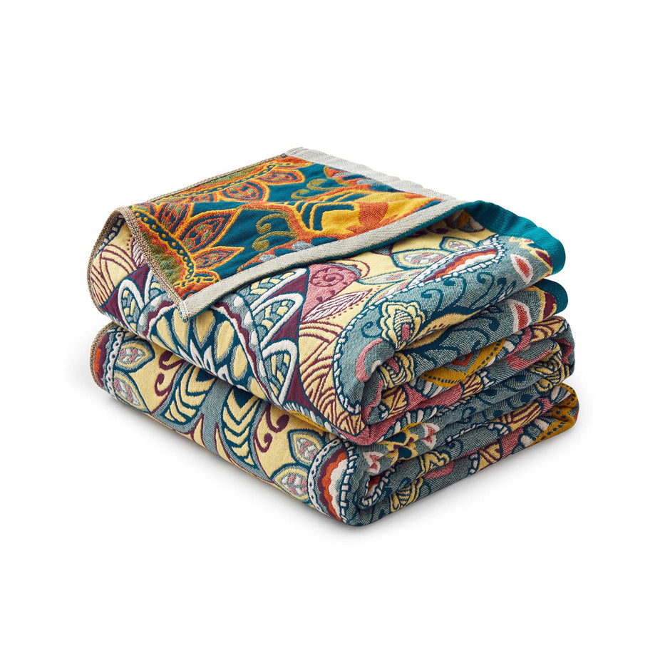 Boho Floral Jacquard Cotton Throw Blanket – Teal & Mustard