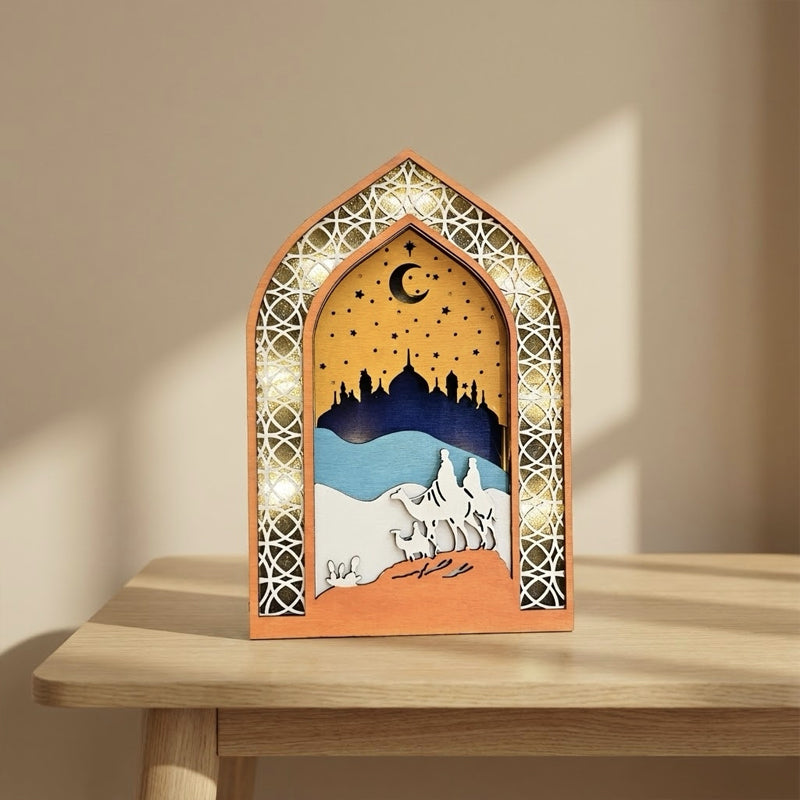 Ramadan Night Light – LED Wooden Mosque Arch (Desert Caravan)
