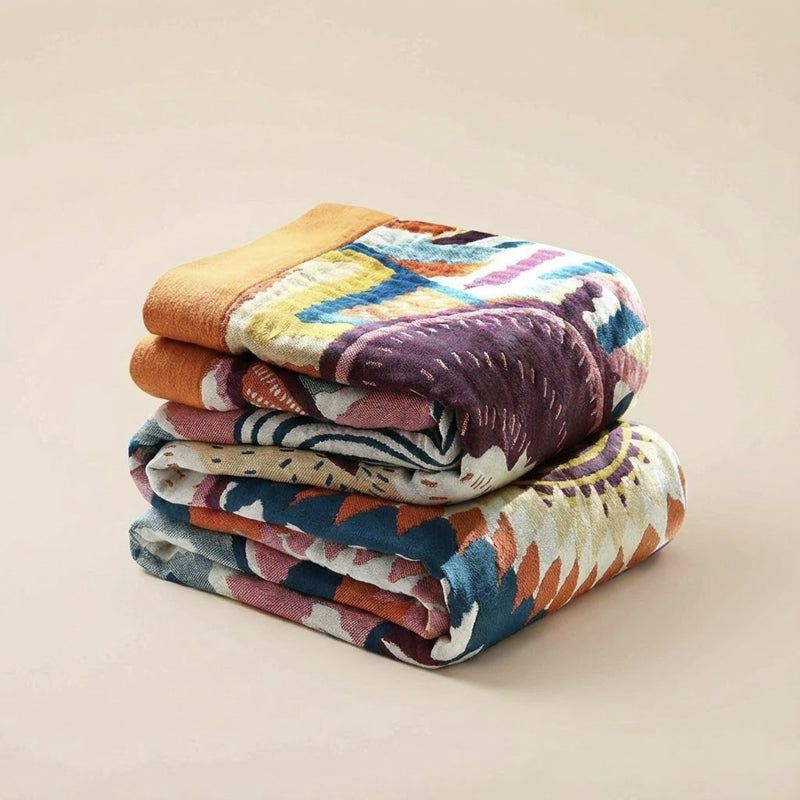 Boho Geometric Cotton Jacquard Throw Blanket – Multicolor Sunset