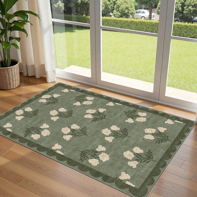 Soft & Durable Floral Entryway Mat  – Olive Green