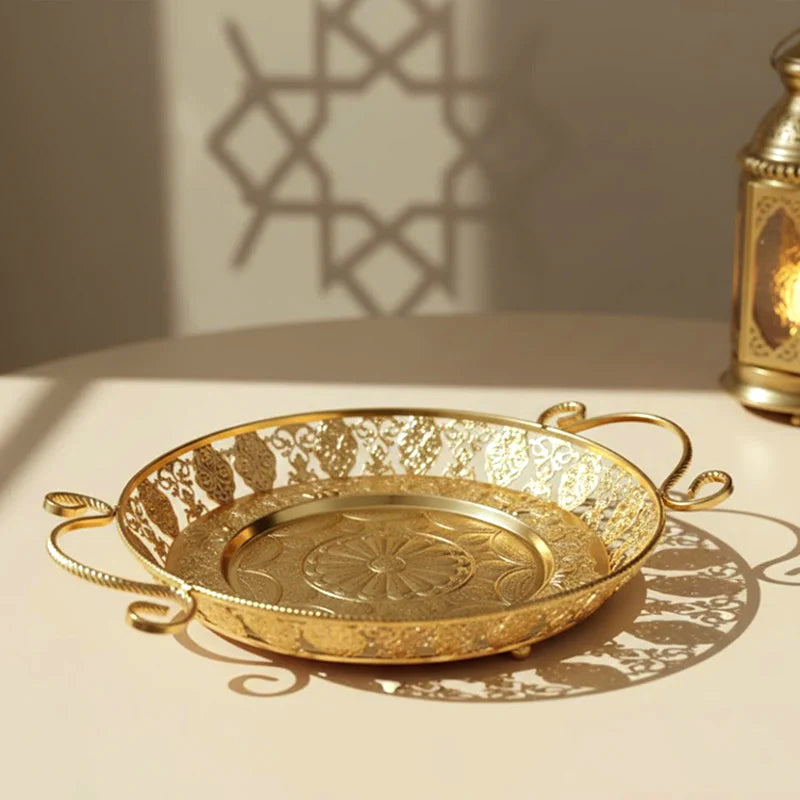 Gold Arabic Filigree Double-Handle Metal Serving Tray