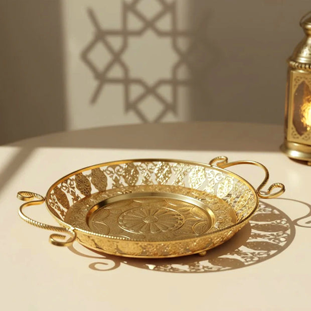 Gold Arabic Filigree Double-Handle Metal Serving Tray
