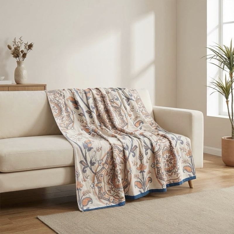 Boho Medallion Cotton Throw Blanket – Terracotta & Blue
