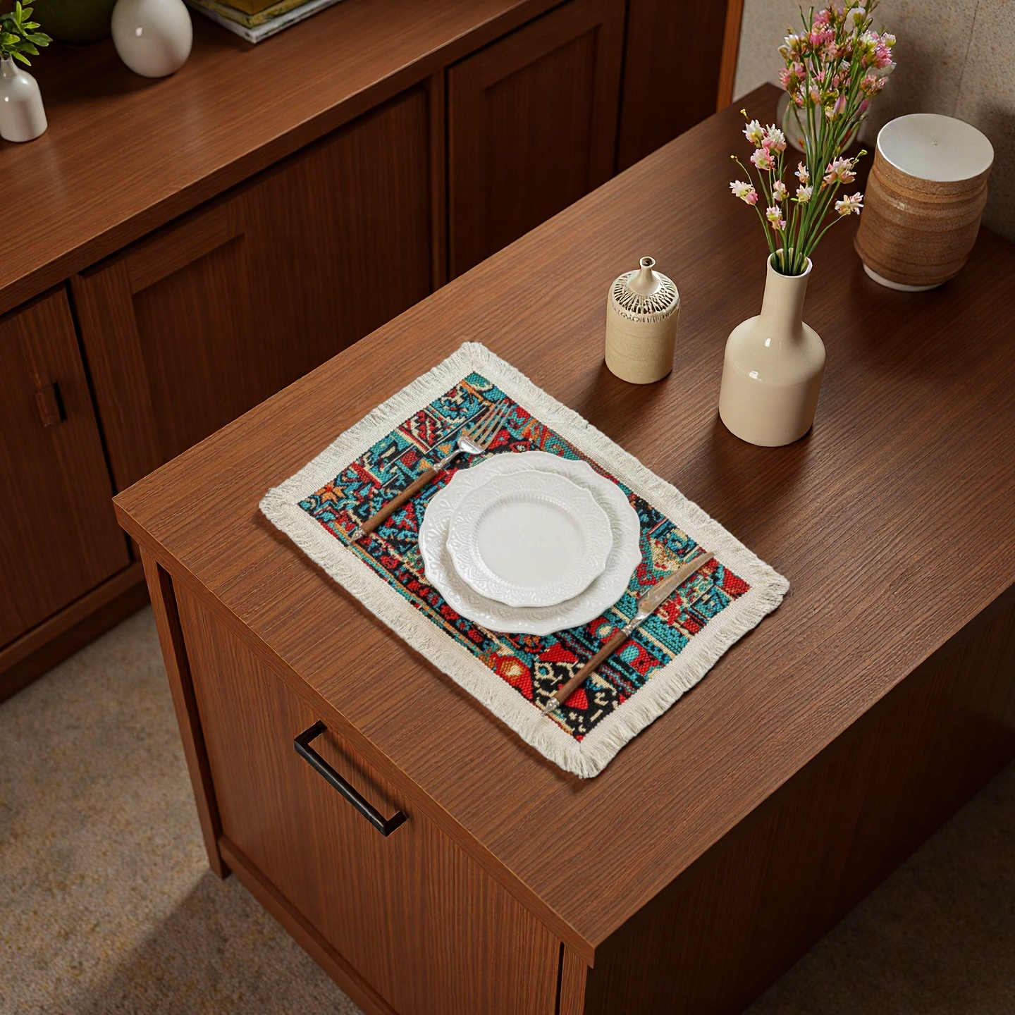 Placemats – Washable Fringe, Moroccan Geometric