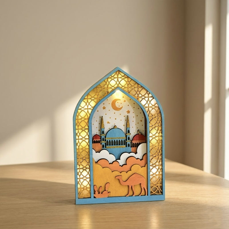 Ramadan Night Light – LED Wooden Mosque Arch (Blue)