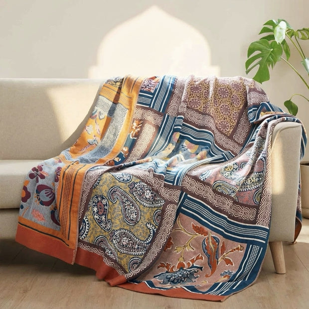 Boho Paisley Cotton Throw Blanket – Rust & Teal
