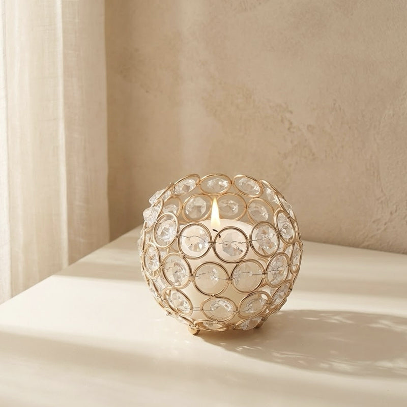 Gold Round Crystal Sphere Candle Holder