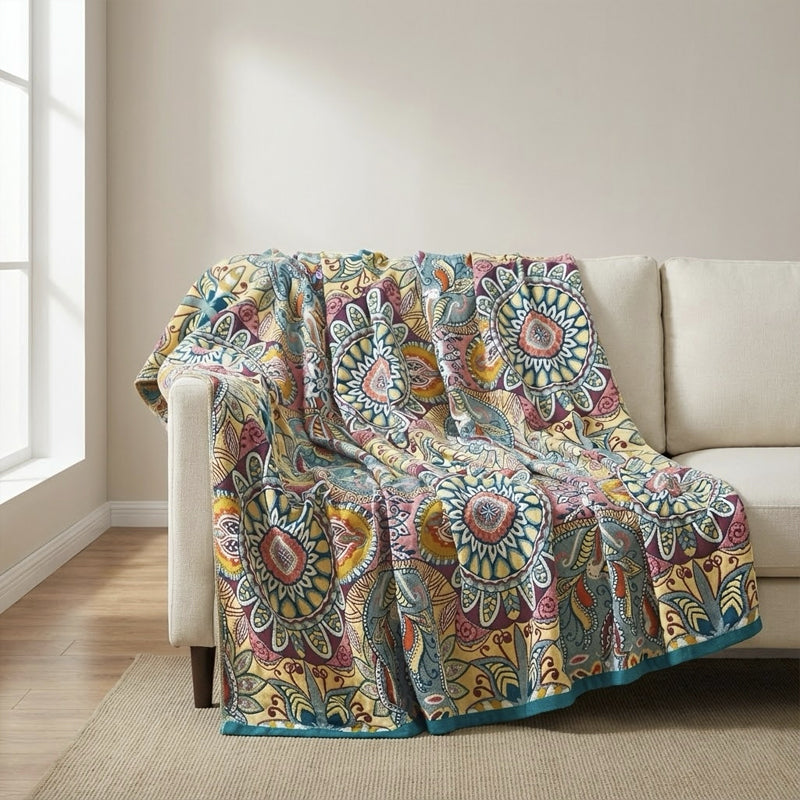 Boho Floral Medallion Cotton Throw Blanket – Teal & Amber