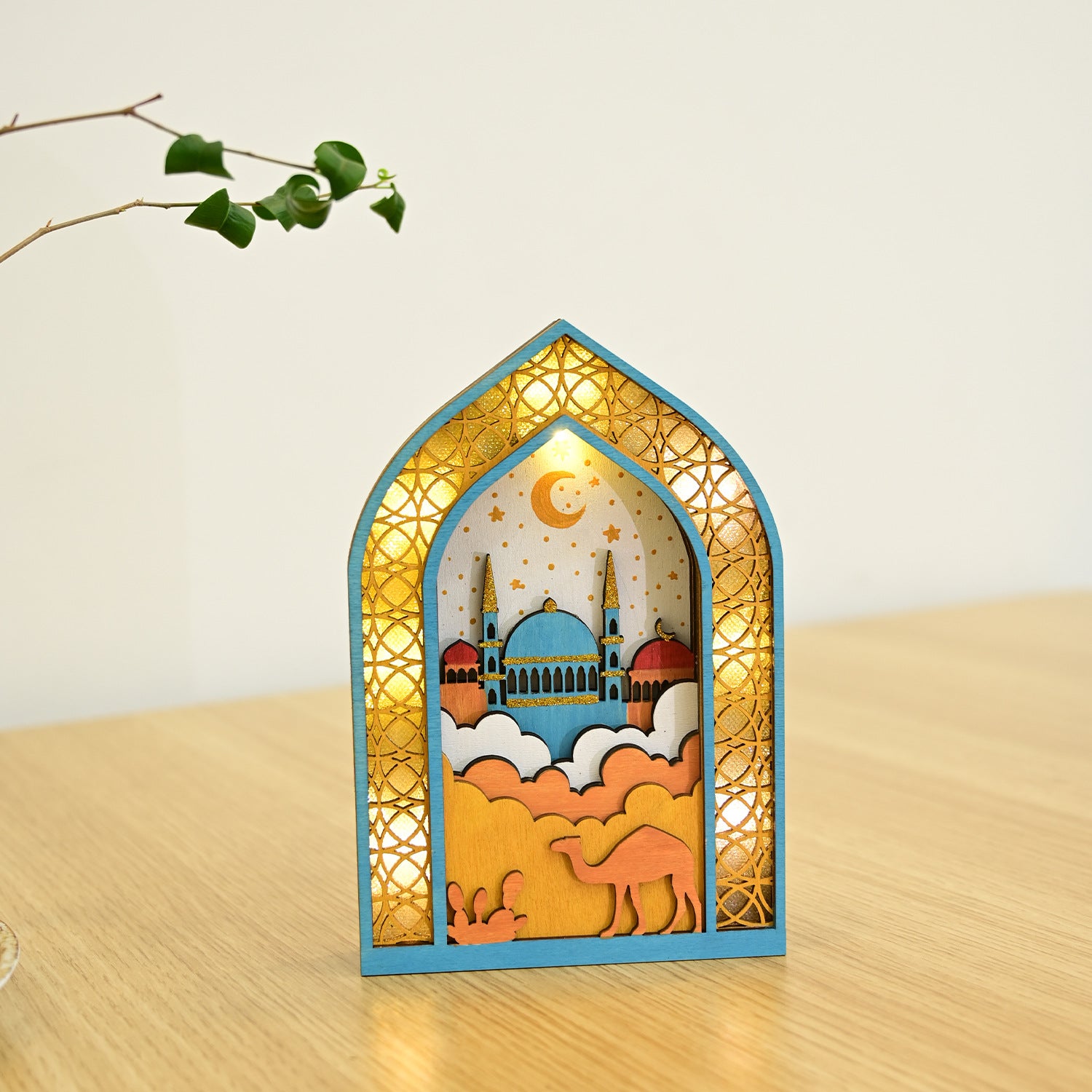 Ramadan Night Light – LED Wooden Mosque Arch (Blue)