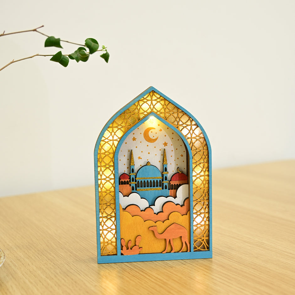 Ramadan Night Light – LED Wooden Mosque Arch (Blue)