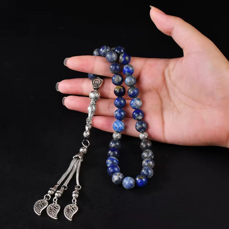 Lapis Lazuli Muslim Prayer Beads – Silver Leaf Tassel Tasbih