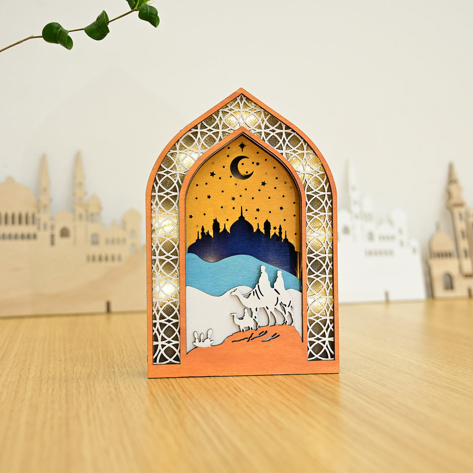 Ramadan Night Light – LED Wooden Mosque Arch (Desert Caravan)