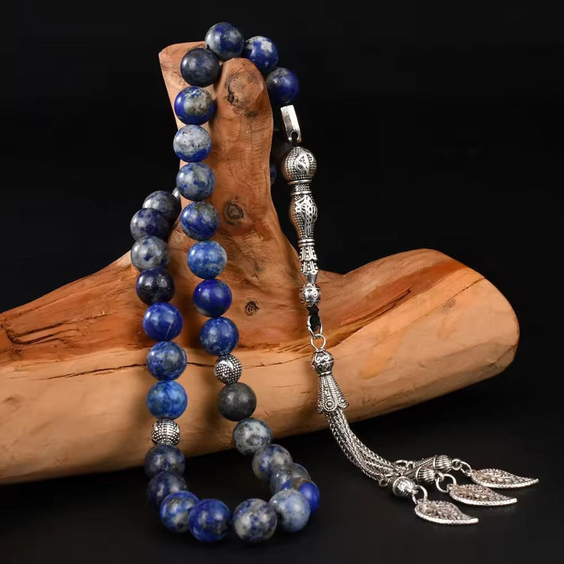 Lapis Lazuli Muslim Prayer Beads – Silver Leaf Tassel Tasbih