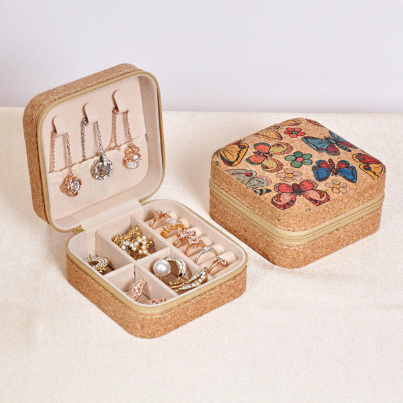 Cork Travel Jewelry Box with Zipper – Butterfly Design