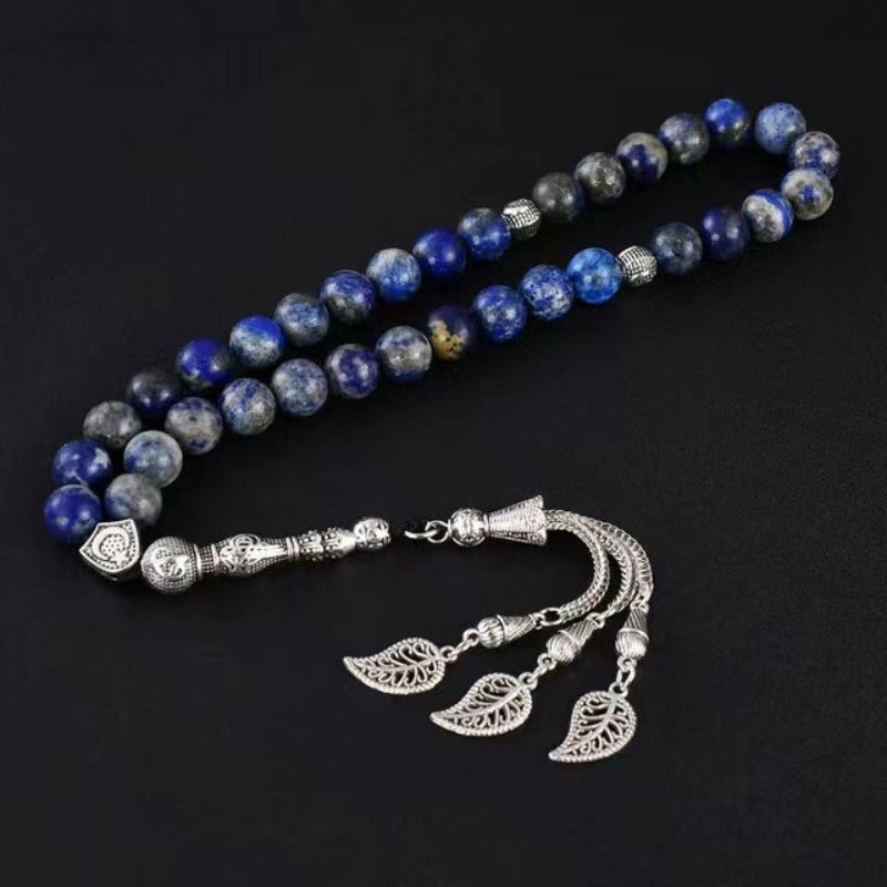 Lapis Lazuli Muslim Prayer Beads – Silver Leaf Tassel Tasbih