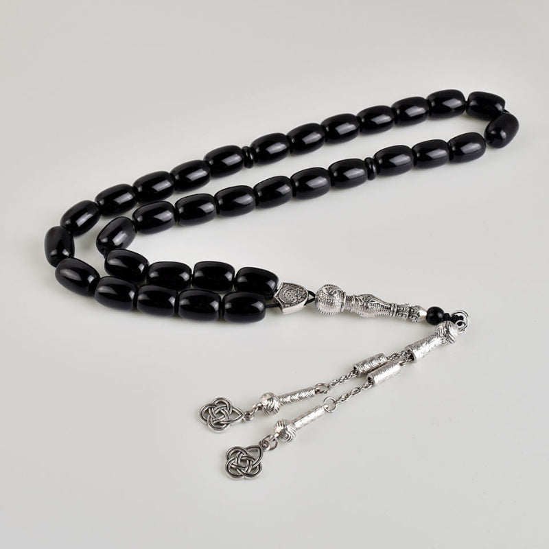 Black Onyx Tasbih – 33 Prayer Beads with Silver Tassel