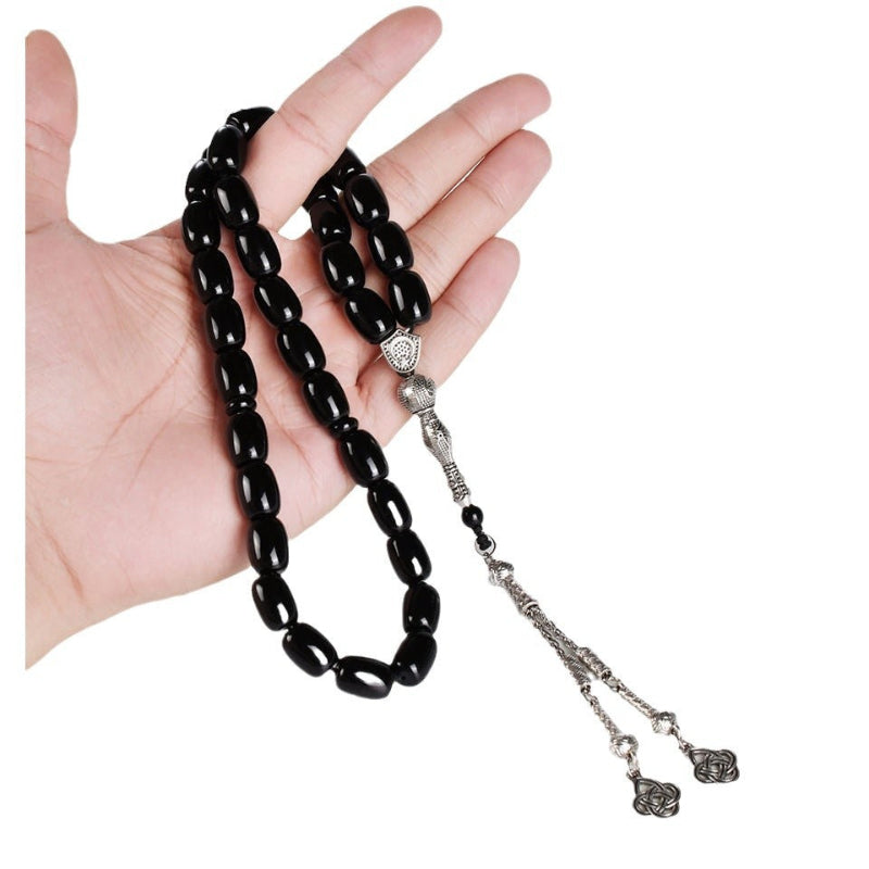 Black Onyx Tasbih – 33 Prayer Beads with Silver Tassel