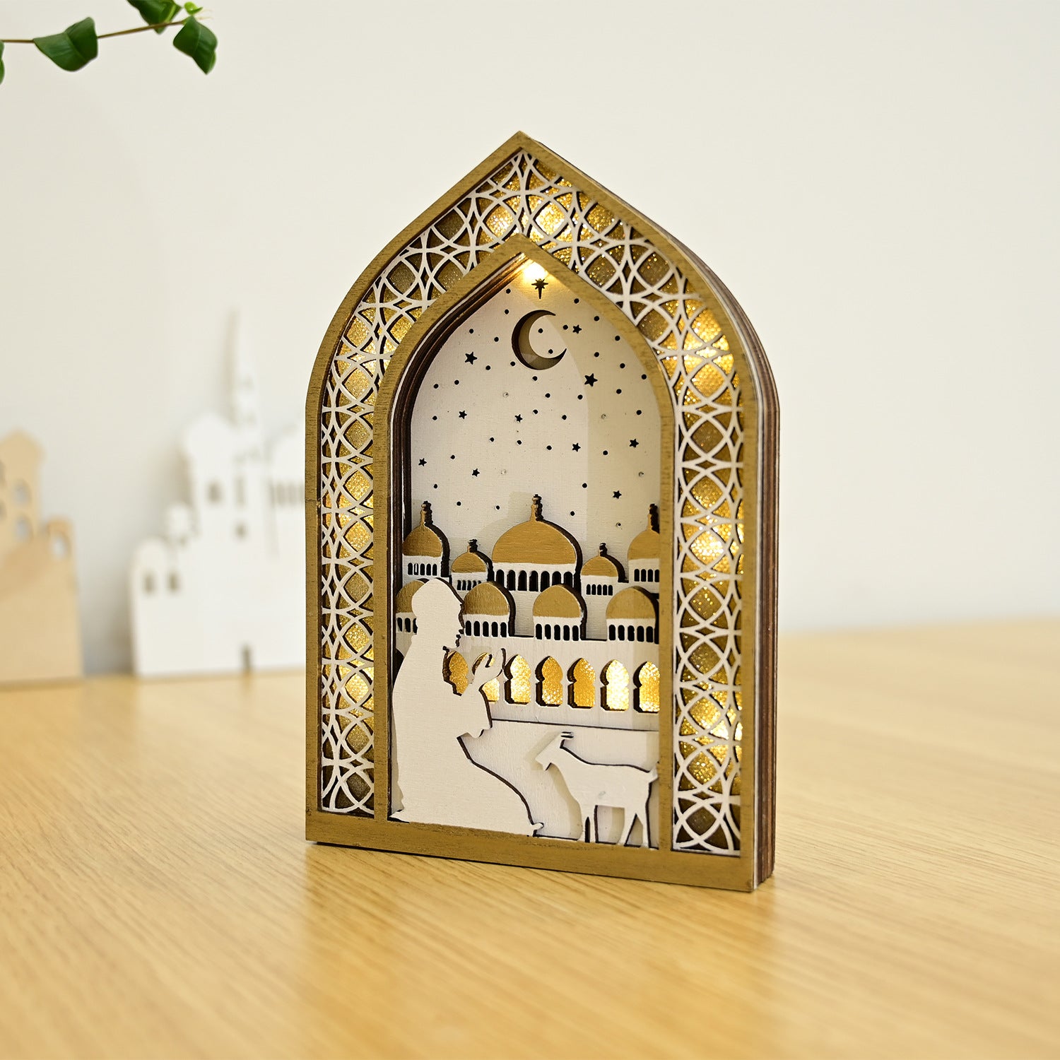 Ramadan Night Light – LED Wooden Mosque Arch (Golden Dome)