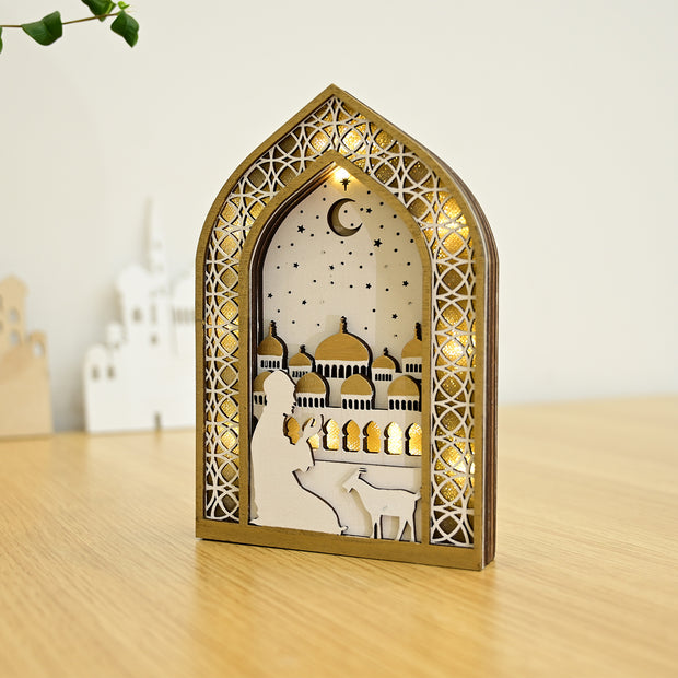 Ramadan Night Light – LED Wooden Mosque Arch (Golden Dome)