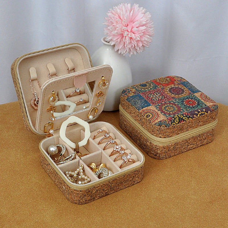 Cork Travel Jewelry Box with Mirror – Patchwork Design