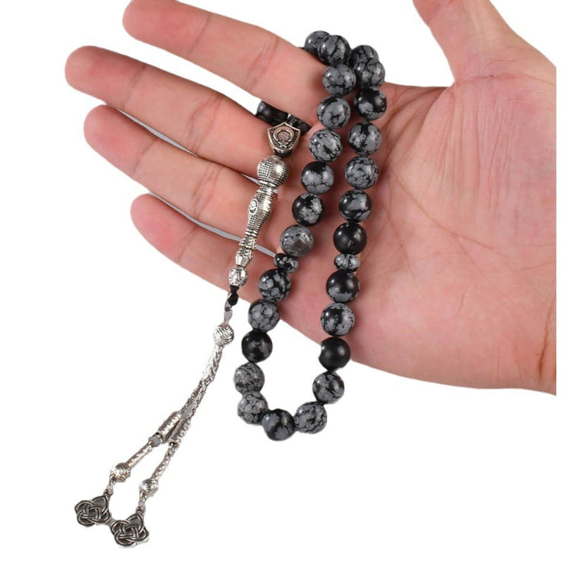 Snowflake Obsidian Tasbih — 33 Beads, Silver Tassel