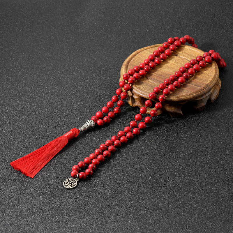 Red Turquoise Prayer Beads – 108 Mala Necklace with Tassel