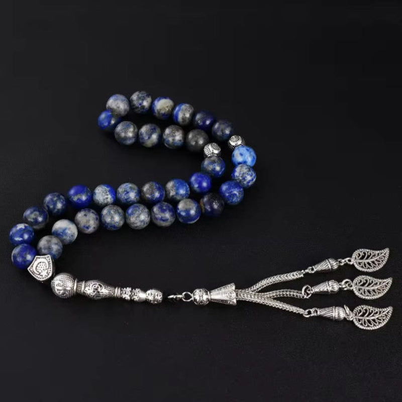Lapis Lazuli Muslim Prayer Beads – Silver Leaf Tassel Tasbih