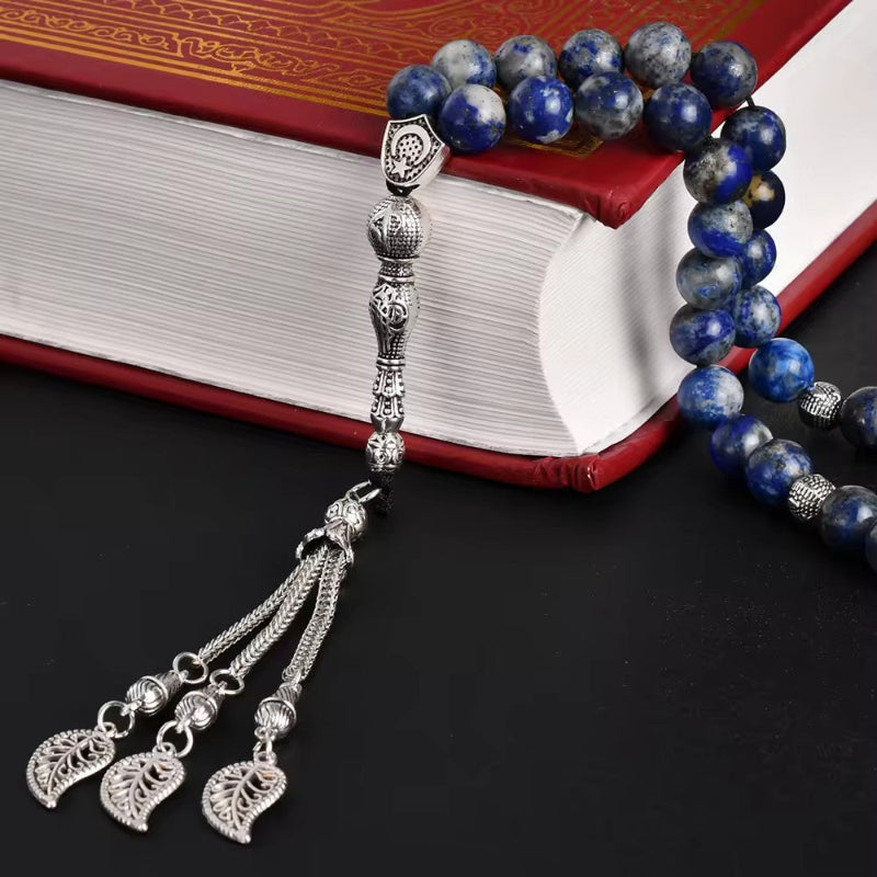 Lapis Lazuli Muslim Prayer Beads – Silver Leaf Tassel Tasbih