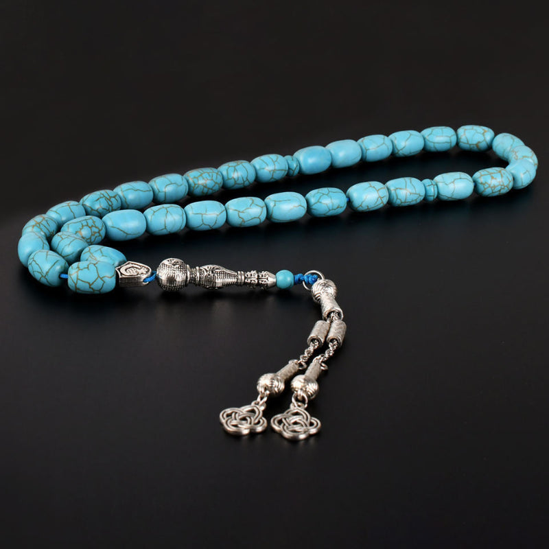 Blue Turquoise Tasbih — 33 Beads, Silver Tassel