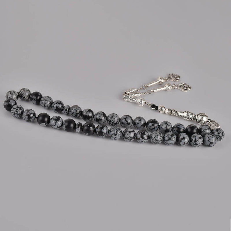 Snowflake Obsidian Tasbih — 33 Beads, Silver Tassel