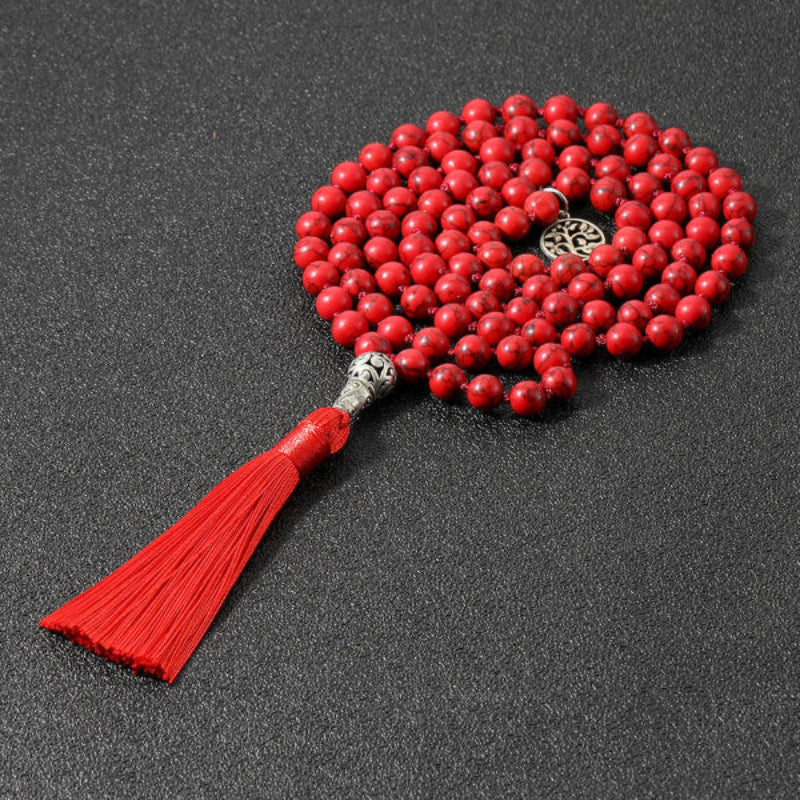 Red Turquoise Prayer Beads – 108 Mala Necklace with Tassel