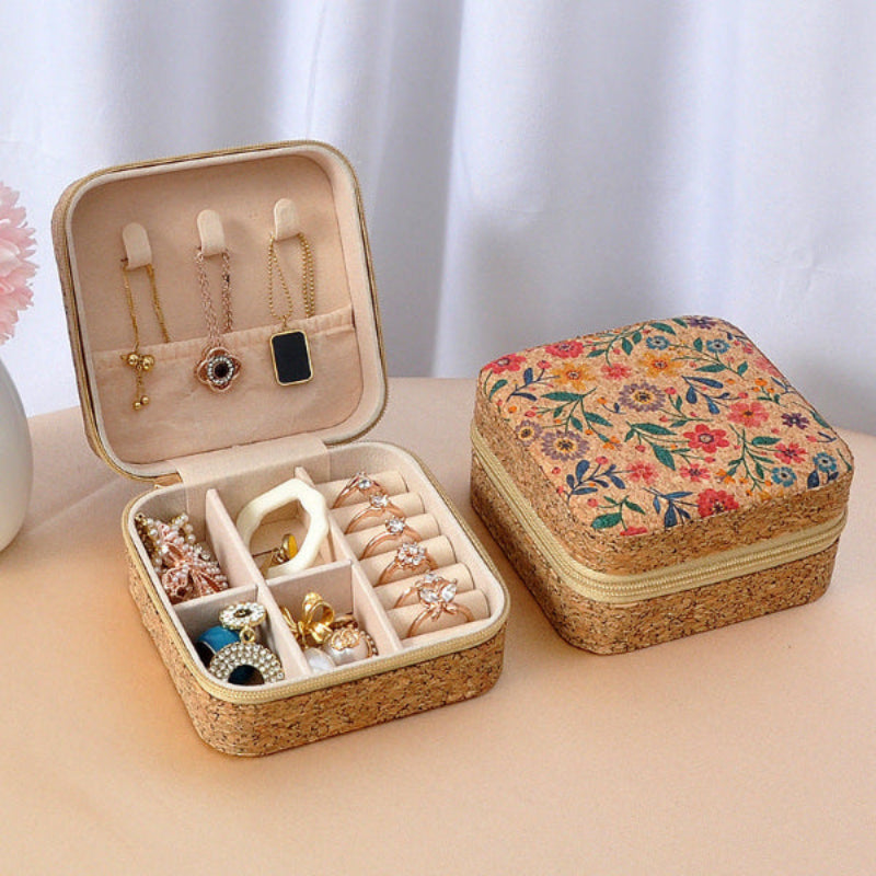 Cork Travel Jewelry Box with Zipper – Floral Design