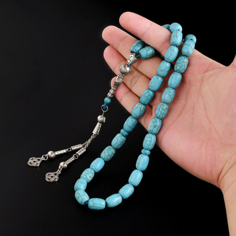 Blue Turquoise Tasbih — 33 Beads, Silver Tassel