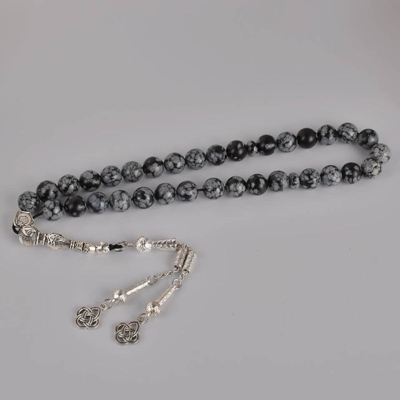 Snowflake Obsidian Tasbih — 33 Beads, Silver Tassel