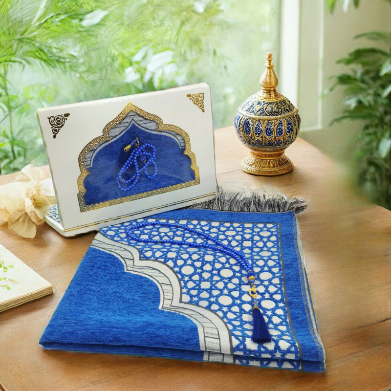 Blue Prayer Mat & Tasbih 2-Piece Set