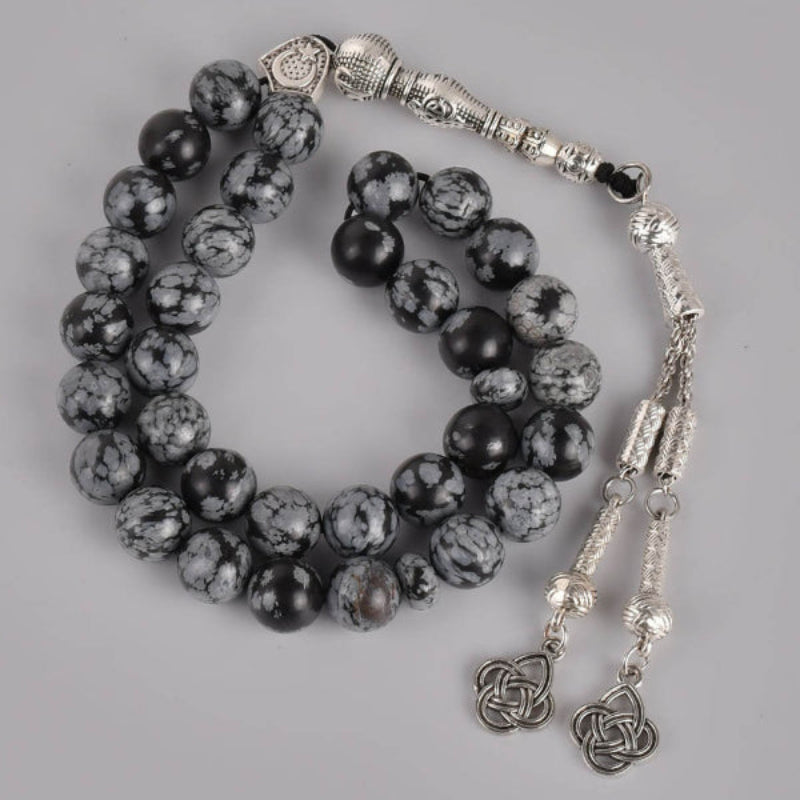 Snowflake Obsidian Tasbih — 33 Beads, Silver Tassel