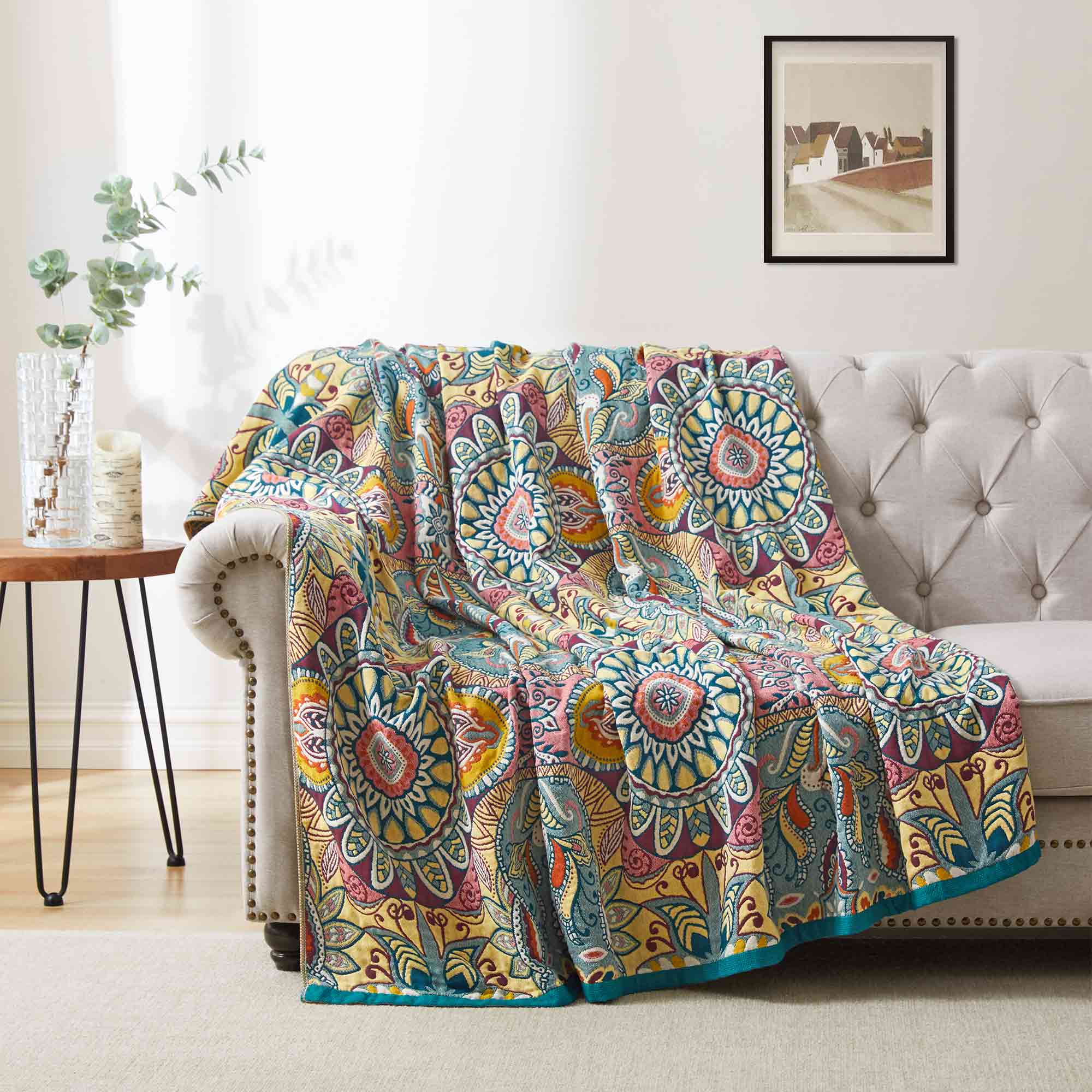 Boho Floral Jacquard Cotton Throw Blanket – Teal & Mustard