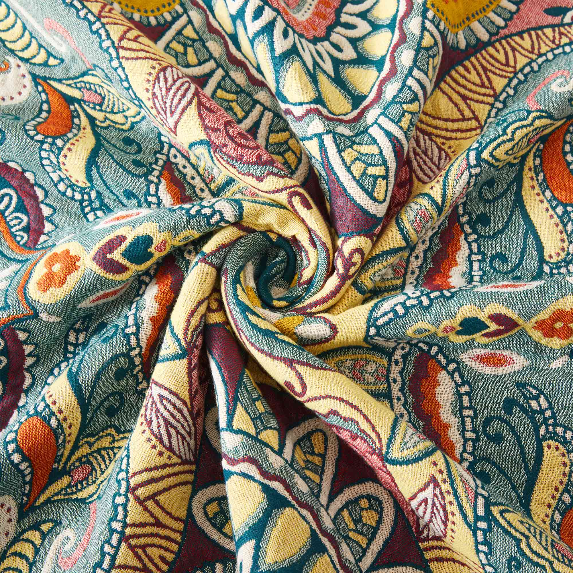 Boho Floral Jacquard Cotton Throw Blanket – Teal & Mustard