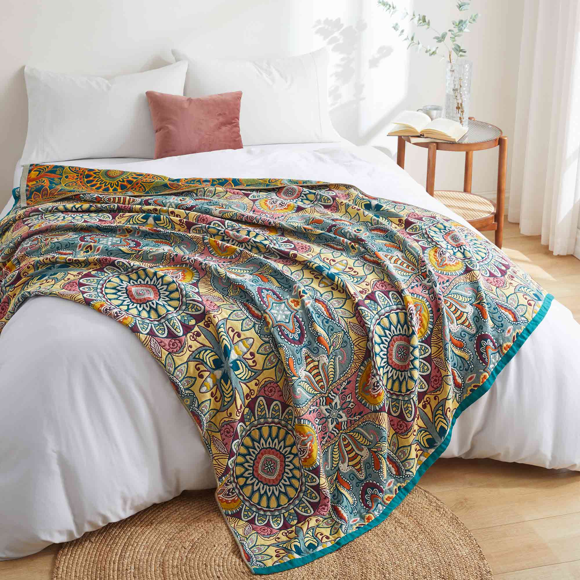 Boho Floral Jacquard Cotton Throw Blanket – Teal & Mustard
